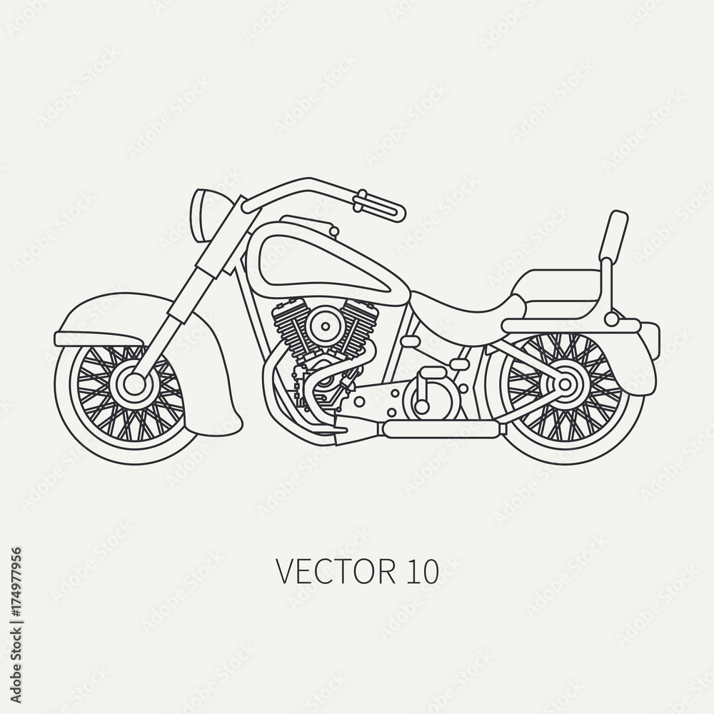Line flat plain vector motorcycle icon - classic bike. Legendary retro.  Cartoon style. Biker motoclub. Highway. Gasoline engine. Freedom rider.  Illustration and element for your design and wallpaper. Stock Vector |  Adobe Stock