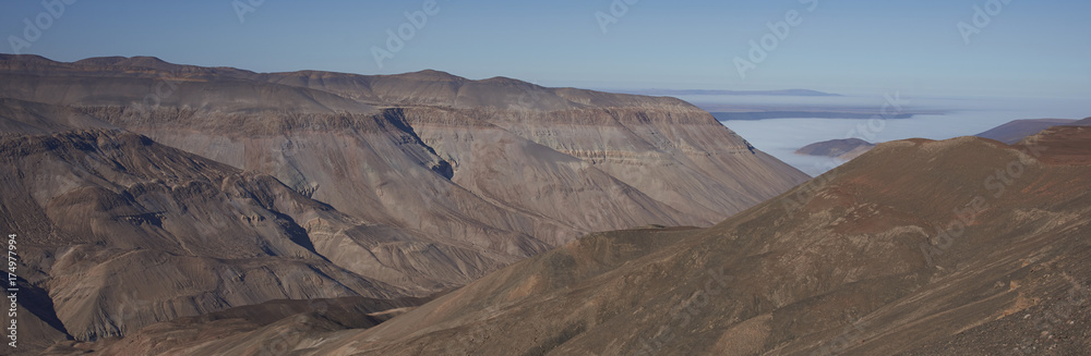 Large river canyon of the Rio Camarones running through the Atacama Desert in the Arica y Parinacota Region of northern Chile.