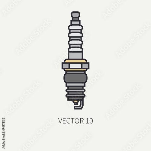 Line flat color vector motorcycle icon bike spark plug. Legendary retro. Cartoon style. Biker motoclub. Highway. Gasoline engine. Freedom rider. Illustration and element for your design and wallpaper.