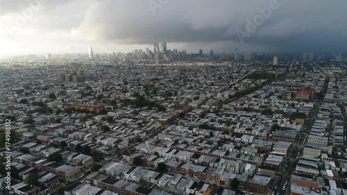 Aerial View Flying Towards Center City Philadelphia Cloudy Day