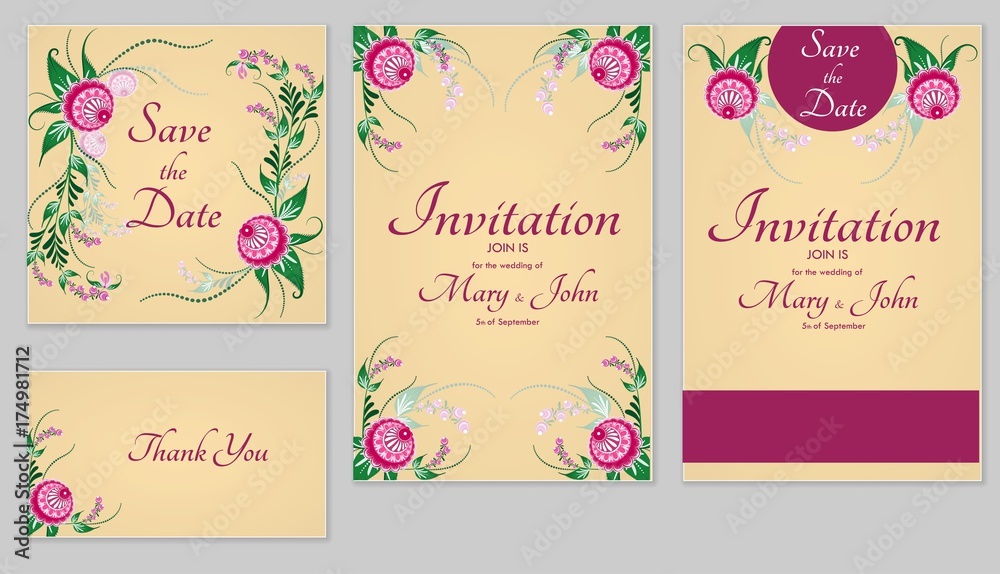 A set of invitations with ornament in the Slavic folk style