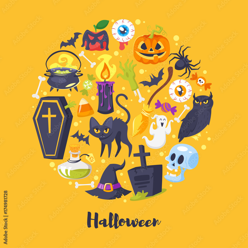 round composition of Halloween symbols