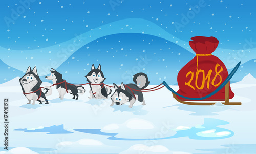 Dogs sled team and chrismas red bag with numbers 2018