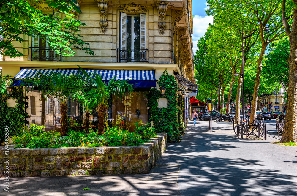 Naklejka premium Boulevard Saint-Germain w Paryżu, Francja. Boulevard Saint-Germain to główna ulica Paryża.