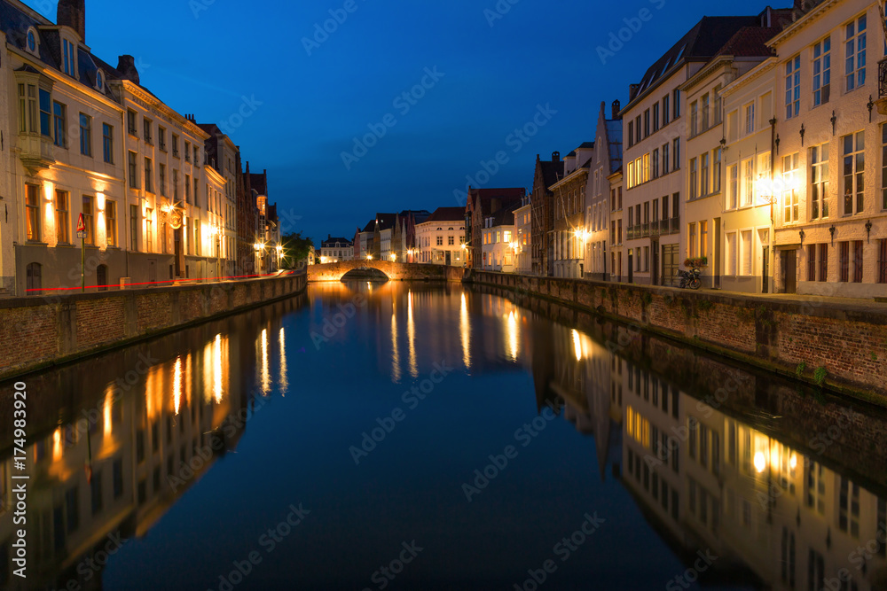 View of the channel at night in Bruges, Belgium
