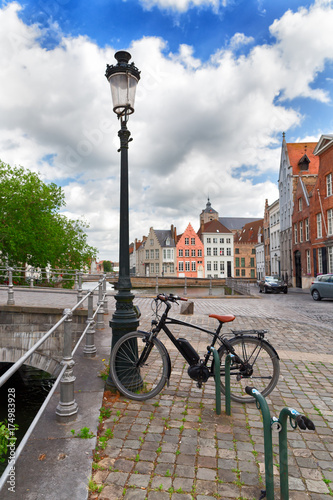 The bicycle at a lamppost in the city of Bruges, Belgium