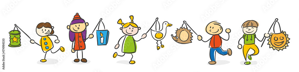 Strichfiguren Kinder bunt Martinstag Laternen vector de Stock | Adobe Stock