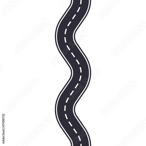 Winding road isolated on white background. Seamless pattern of asphalt road. Car traffic design template. Vector illustration.