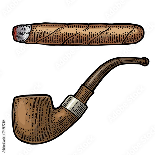 Pipe. Vector vintage engraving color illustration isolated on white