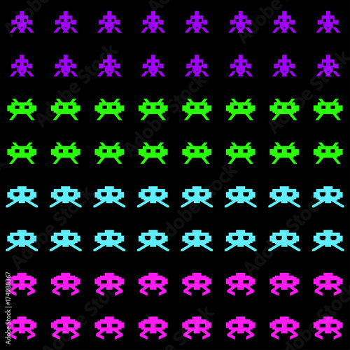 Seamless pattern with aliens or monsters. Retro style pixel video game background. Vector illustration.
