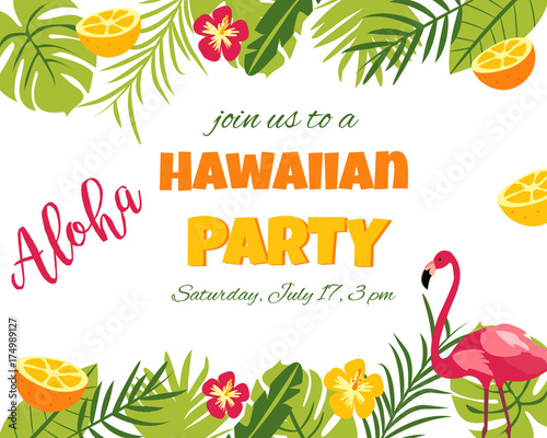 Tropical Floral Poster with flamingo - for Invitation, Wedding, Party