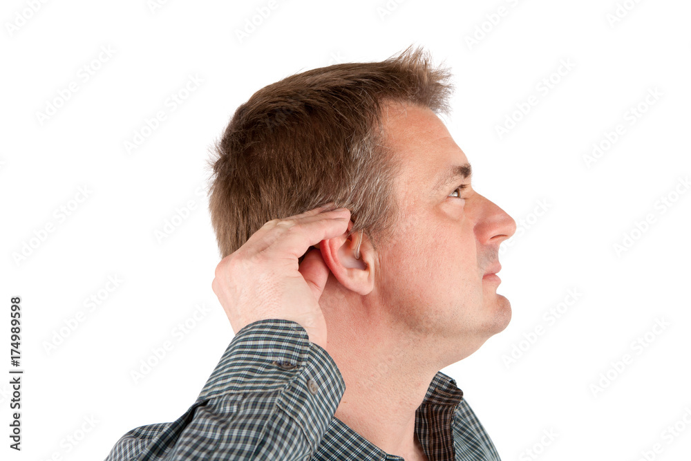 Man adjusting his hearing aid. Isolated on white. Man adjusting his hearing aid. Isolated on white.