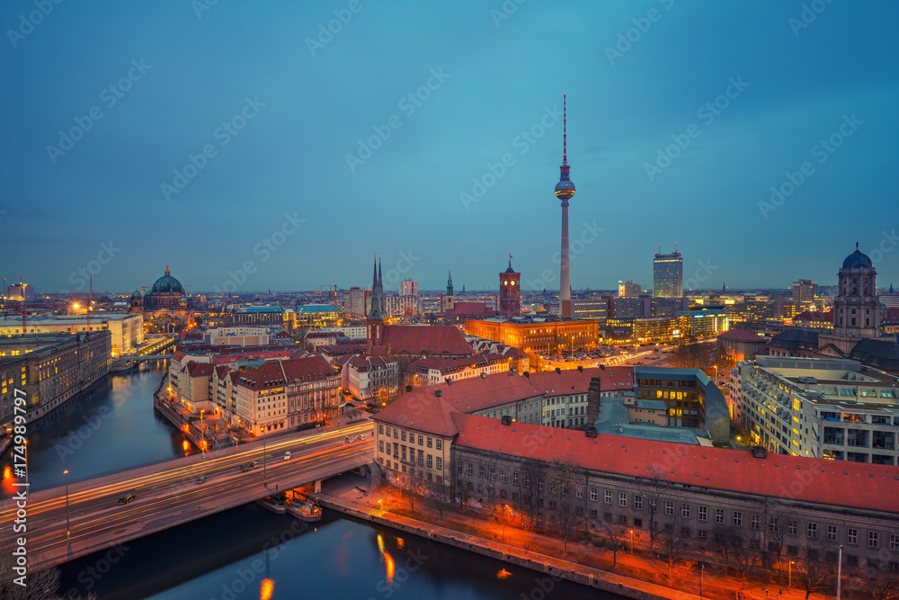 Aerial view of Berlin at night: Spree river, museum island, alexanderplatz and tv tower, Germany Aerial view of Berlin at night: Spree river, museum island, alexanderplatz and tv tower, Germany