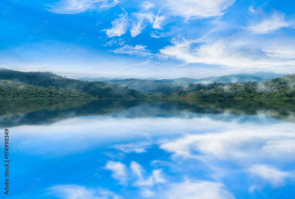 Reflection of mountain and blue sky on the lake.background