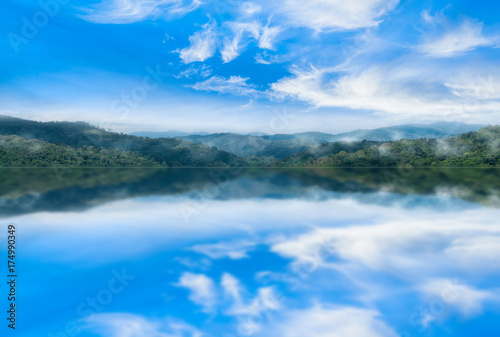 Reflection of mountain and blue sky on the lake.background