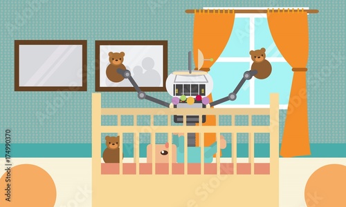 Domestic Robot with happy baby playing in the cradle. Personal robot nanny futuristic concept illustration vector.