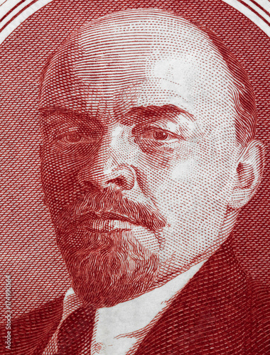 Vladimir Lenin portrait on old Russia ruble banknote macro, leader of Russian Revolution 1917