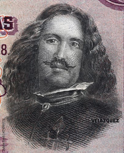 Diego Velazquez portrait on Spain 50 pesetas banknote (1928) close up macro. Genius Spanish painter. photo