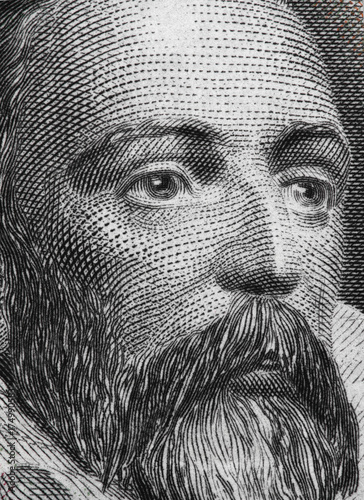 Miguel de Cervantes portrait on Spain 100 pesetas banknote (1928) closeup macro, great Spanish writer. photo