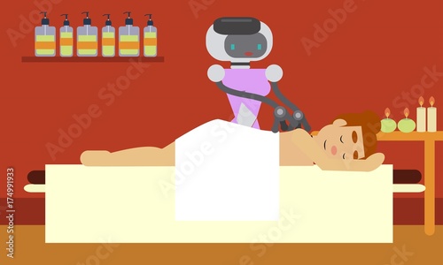Domestic robot masseur giving spa to beautiful young woman. Personal robot assistance futuristic concept illustration vector.