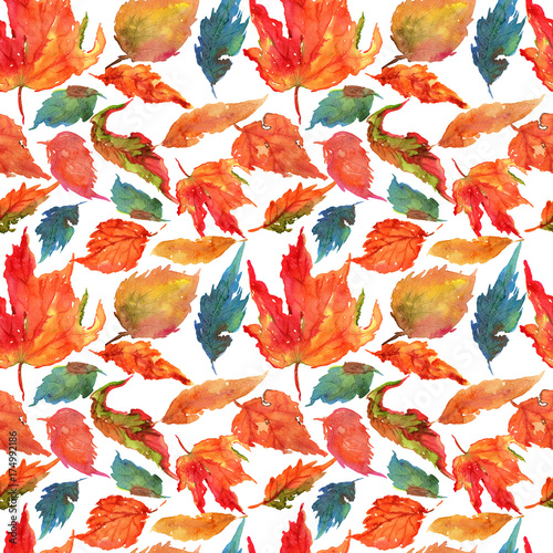 Hand drawing watercolor yellow autumn birch leaves pattern
