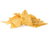 A pile of cheese covered tortilla chips isolated on white background. Nachos mexican cuisine.