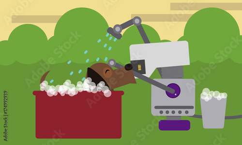 Domestic robot bathing pet dog in a bathtub in garden. Personal household robot assistance futuristic concept illustration vector.