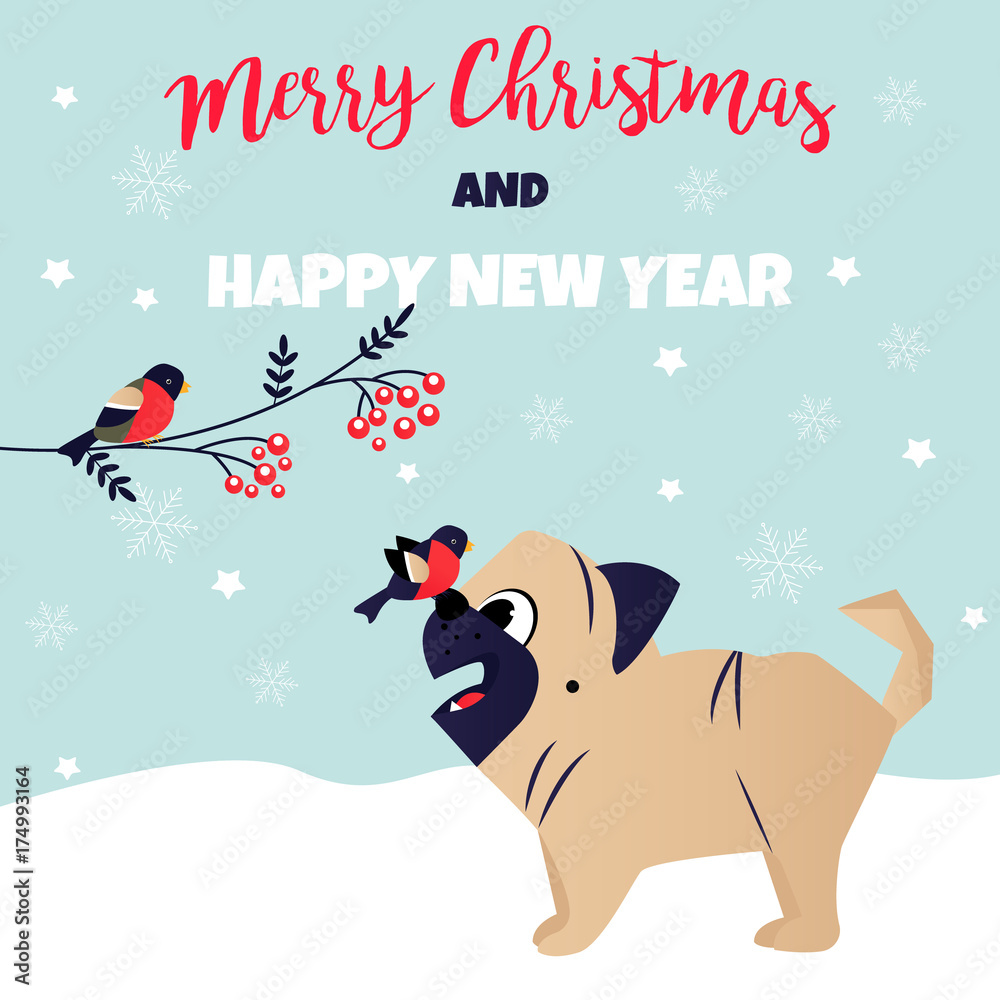 Christmas, New Year background with funny pug.