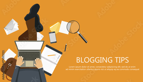 Writing a story or column for newspaper or magazine. Man sitting on the floor and holding lap top in his lap. Flat vector illustration