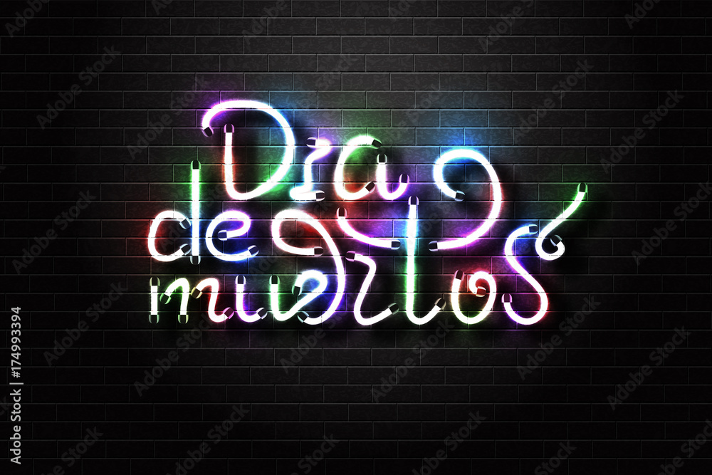 Vector realistic isolated neon sign for Dia de Muertos for decoration and covering on the wall background. Concept of Happy Day of the Dead in Mexico.