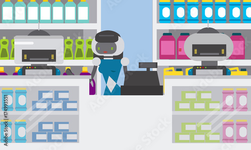 Domestic robot smart attendants at counter of household chemical goods shop, drug store. Personal household robot futuristic concept illustration vector.