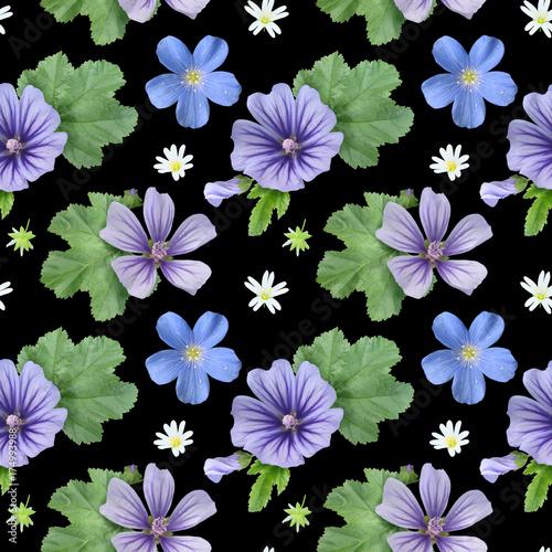 Flower photorealistic pattern. A pattern of mallow and flax on a black background.