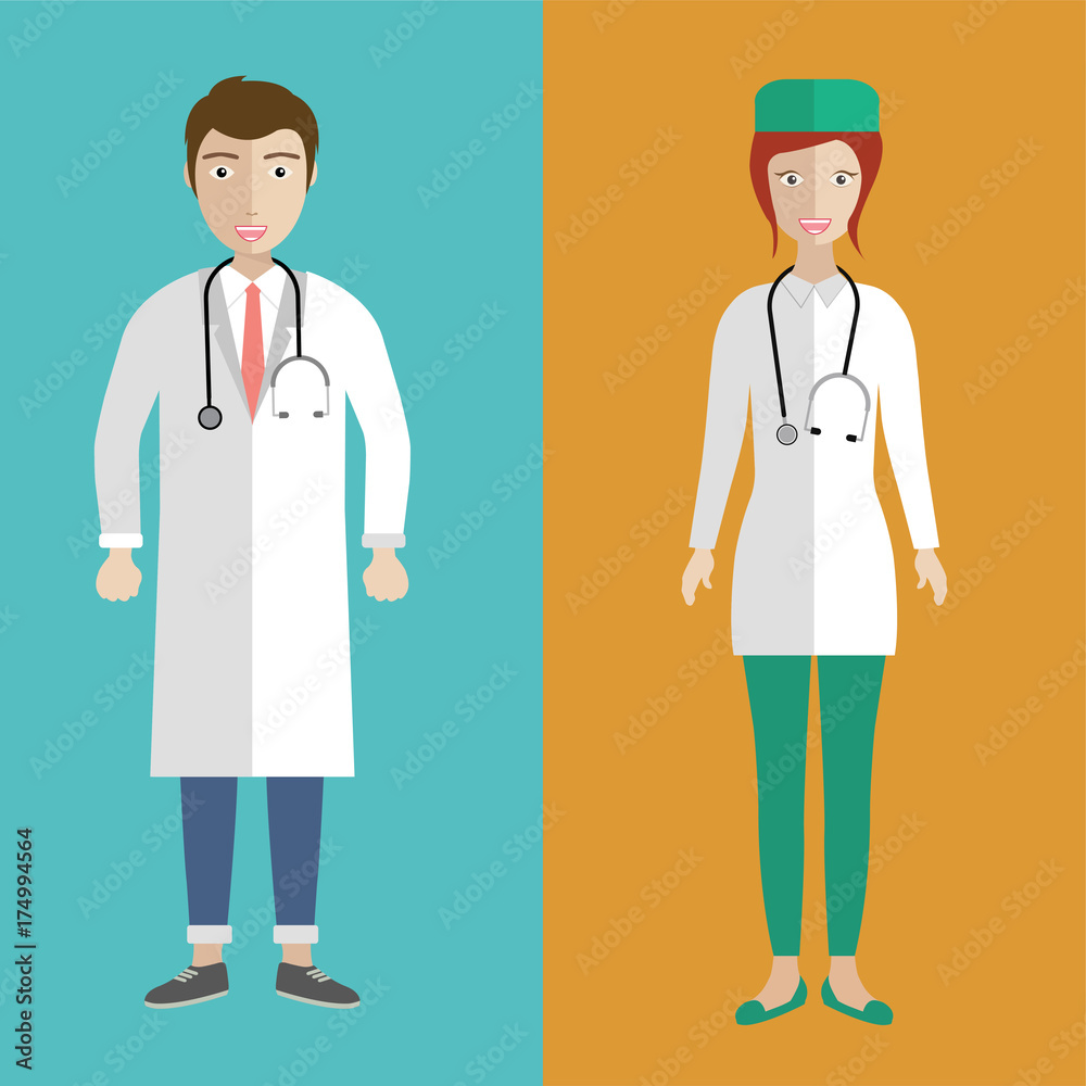 Illustration of a female and male Asian doctors. Flat vector illustration. Illustration of a female and male Asian doctors. Flat vector illustration.