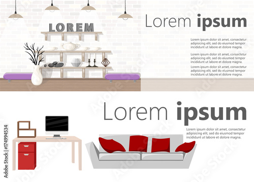 Furniture Interior Living room with sofa table, lamp pictures window. Vector. Two banner for web design. Office theme. Workplace. Flat design vector illustration. Web site page and mobile app