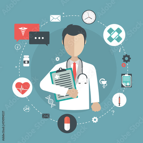 Vector illustration in a modern flat style, health care concept. A doctor in uniform with stethoscope and first aid kid holding medical document. On line consultation. Flat vector illustration.