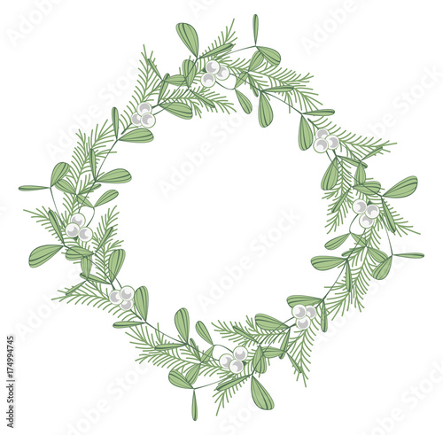 Christmas wreath with branches and mistletoe