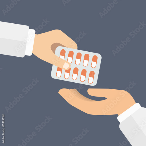Hand giving medicine pills in a blister pack to another hand. Pharmaceutical Industry concept. Flat vector illustration.