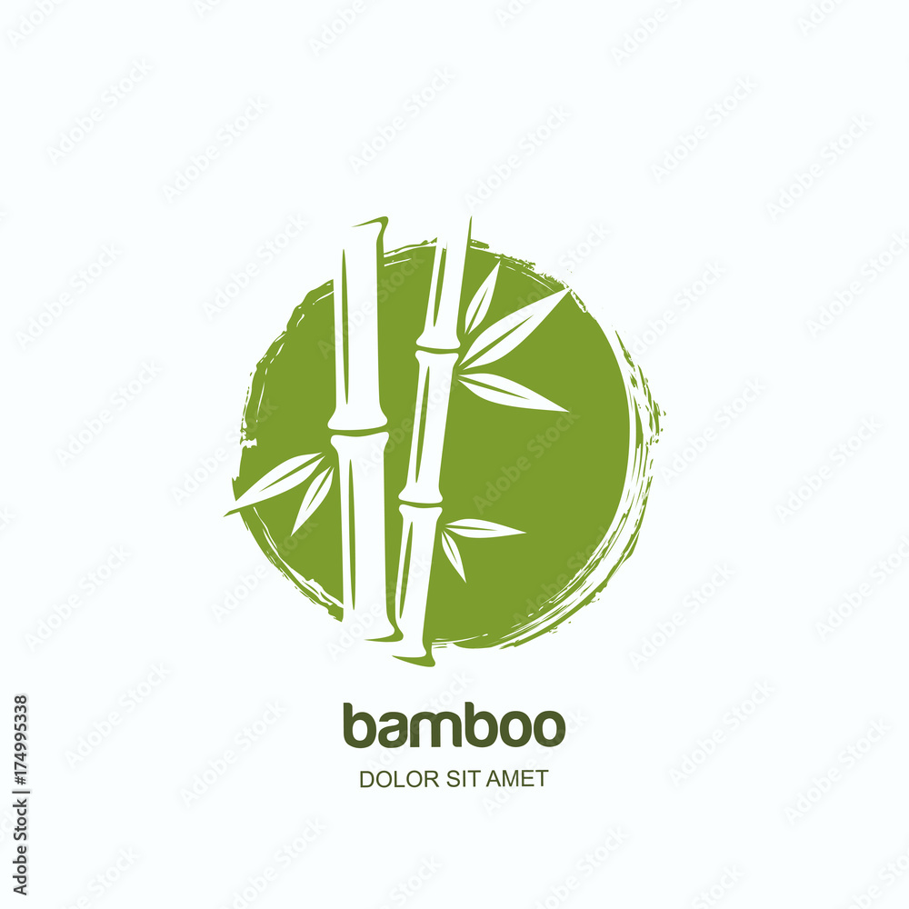 Fototapeta premium Vector logo, label or emblem with watercolor hand drawn green bamboo plant. Concept for spa and beauty salon, asian massage, cosmetics package, furniture materials.