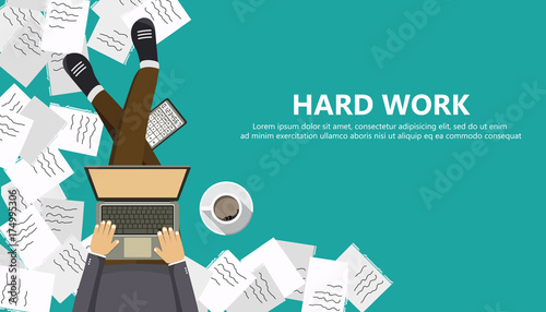 Hard work business concept. Man sitting on the floor and holding lap top in his lap. Flat vector illustration