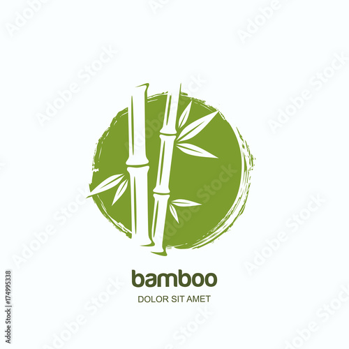 Fototapeta Wektorowy logo, etykietka lub emblemat z akwarelą, wręczamy patroszoną zieloną bambusową roślinę. Koncepcja salonu spa i urody, masaż azjatycki, pakiet kosmetyków, materiały meblowe.