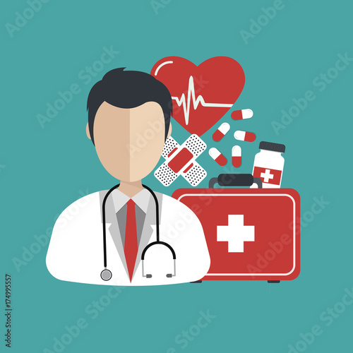 Vector illustration in a modern flat style, health care concept. Doctor and medical items. Flat vector illustration.