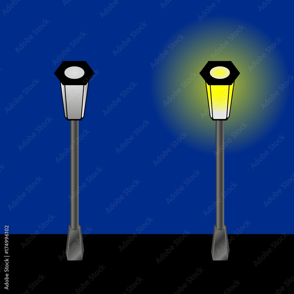 The lamp post is on, it is off. Vector illustration.