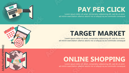 Pay per click, target market, on line shopping banners. Flat vector illustration