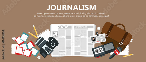 Journalism flat banner. Equipment for journalist on desk. Flat vector illustration