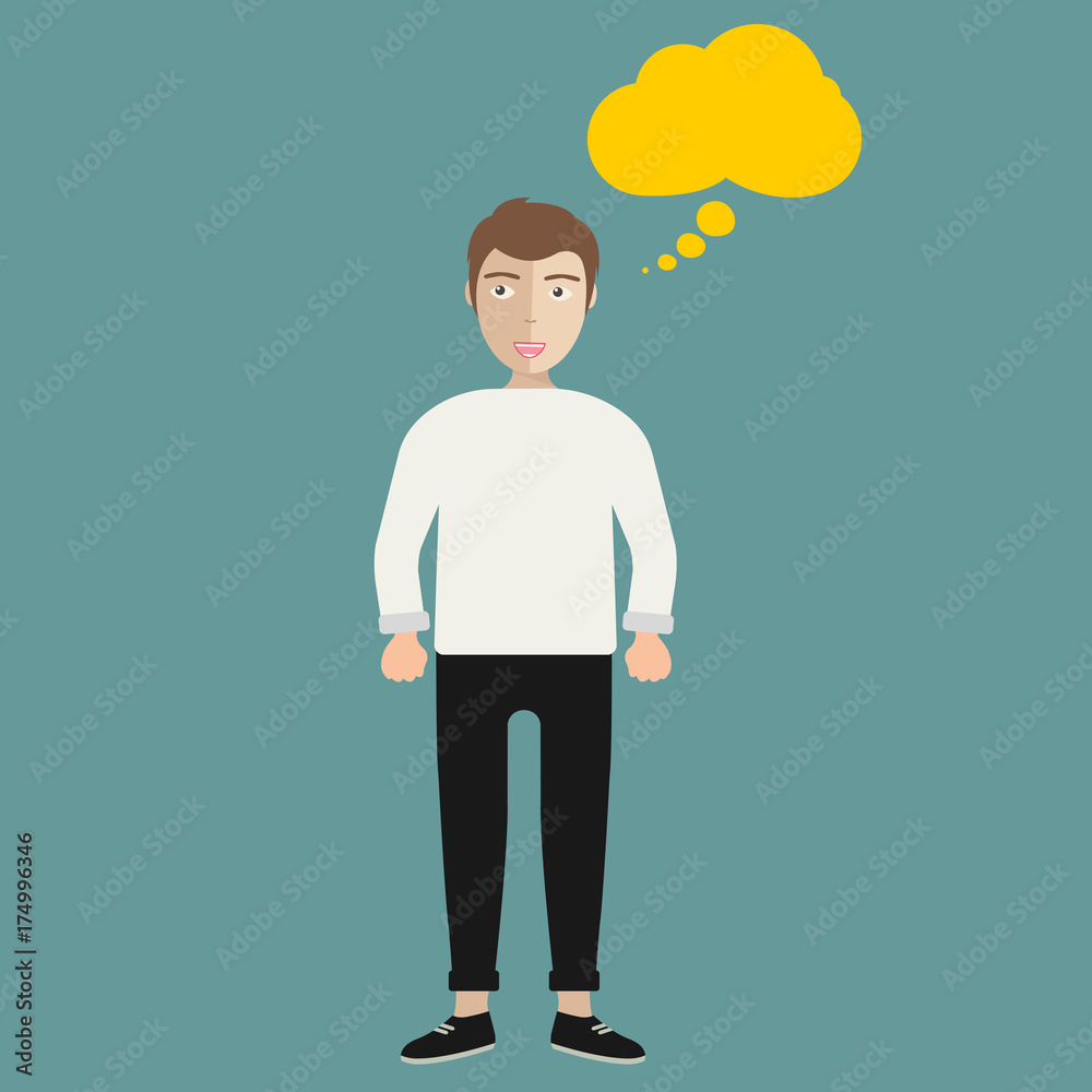 Man is looking for inspiration. Man standing with speech bubble over his head. Flat vector illustration. Man is looking for inspiration. Man standing with speech bubble over his head. Flat vector illustration.