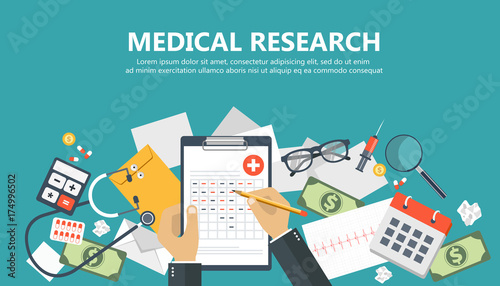 Medical research banner. Medical workplace. Flat vector illustration