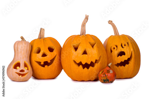 Halloween pumpkin, five funny faces, isolated on white background