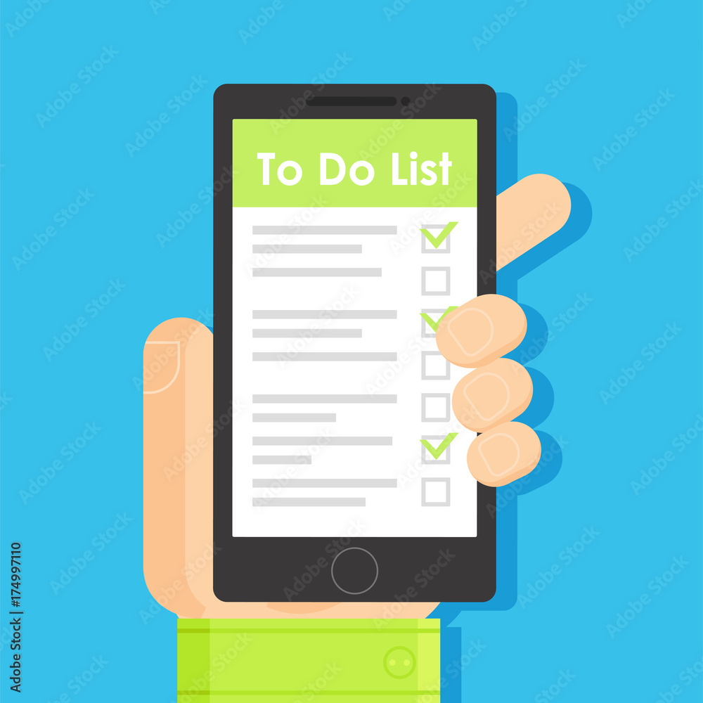 Application with a list of cases in the male hand. Application Design to do list, organizer. Application with a list of cases in the male hand. Application Design to do list, organizer.