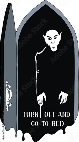 Halloween Dracula Vampire Figure in Doorway at Night. Old Horror Movie Cartoon Style. Hand Written Lettering Text. Hand Drawn Vector Illustration. Greeting Card Poster Template.