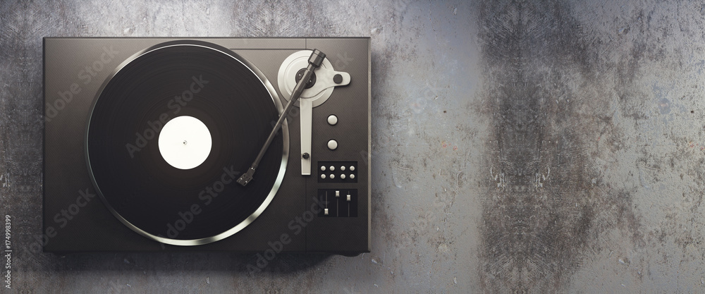 Vinyl record player on concrete background - obrazy, fototapety, plakaty 